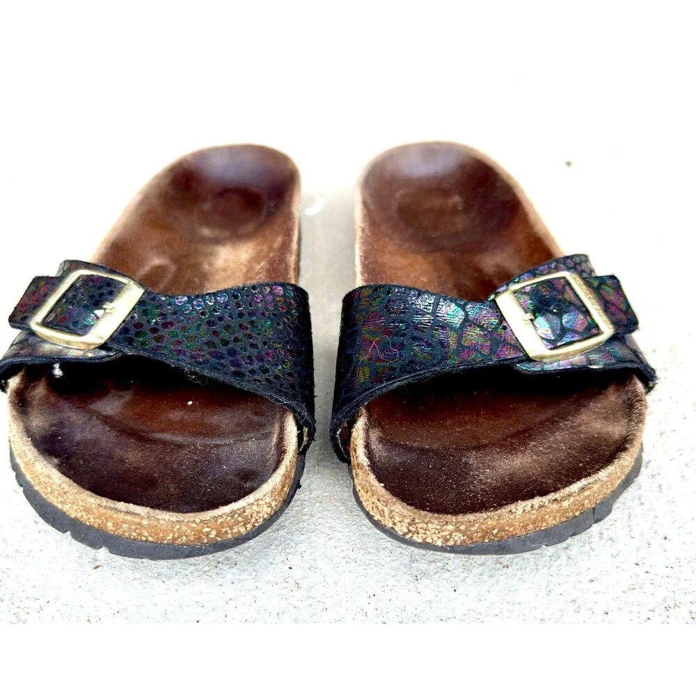 ⁠Birkenstock Madrid Black Metallic Python Snake Sandals Sz 38 Gold Buckle